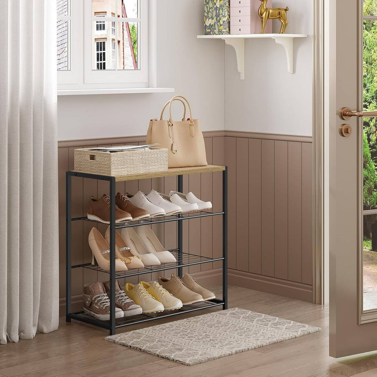 24goodz Shoe Rack with 3 Tiers - Spacious Storage for 9 Pairs - E1-Class Wood and Iron - Black + Light Oak - 63x63x30 cm