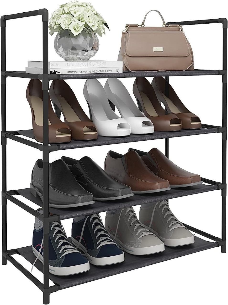 24goodz Shoe Rack with 4 Shelves - High-Quality Materials - Space-Saving Design - Steel and PP - Black - 60 x 28 x 71 cm