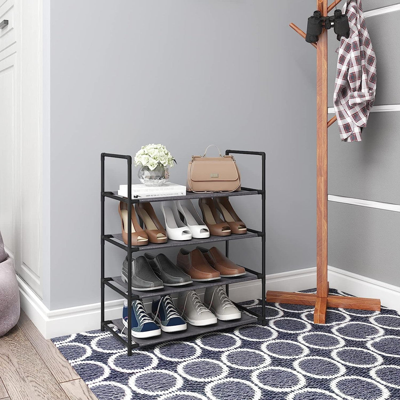 24goodz Shoe Rack with 4 Shelves - High-Quality Materials - Space-Saving Design - Steel and PP - Black - 60 x 28 x 71 cm