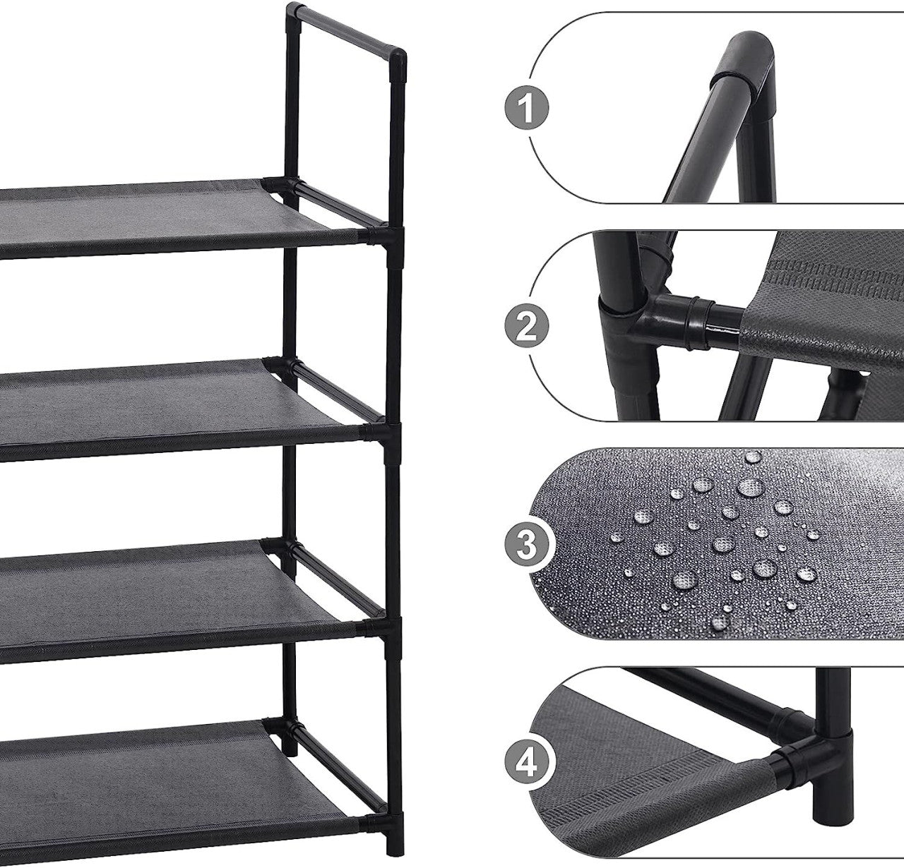 24goodz Shoe Rack with 4 Shelves - High-Quality Materials - Space-Saving Design - Steel and PP - Black - 60 x 28 x 71 cm