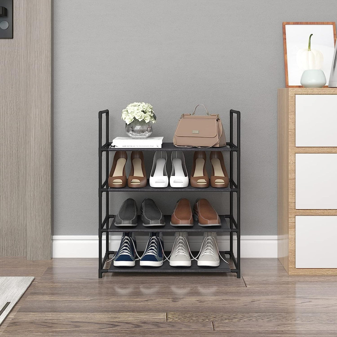 24goodz Shoe Rack with 4 Shelves - High-Quality Materials - Space-Saving Design - Steel and PP - Black - 60 x 28 x 71 cm