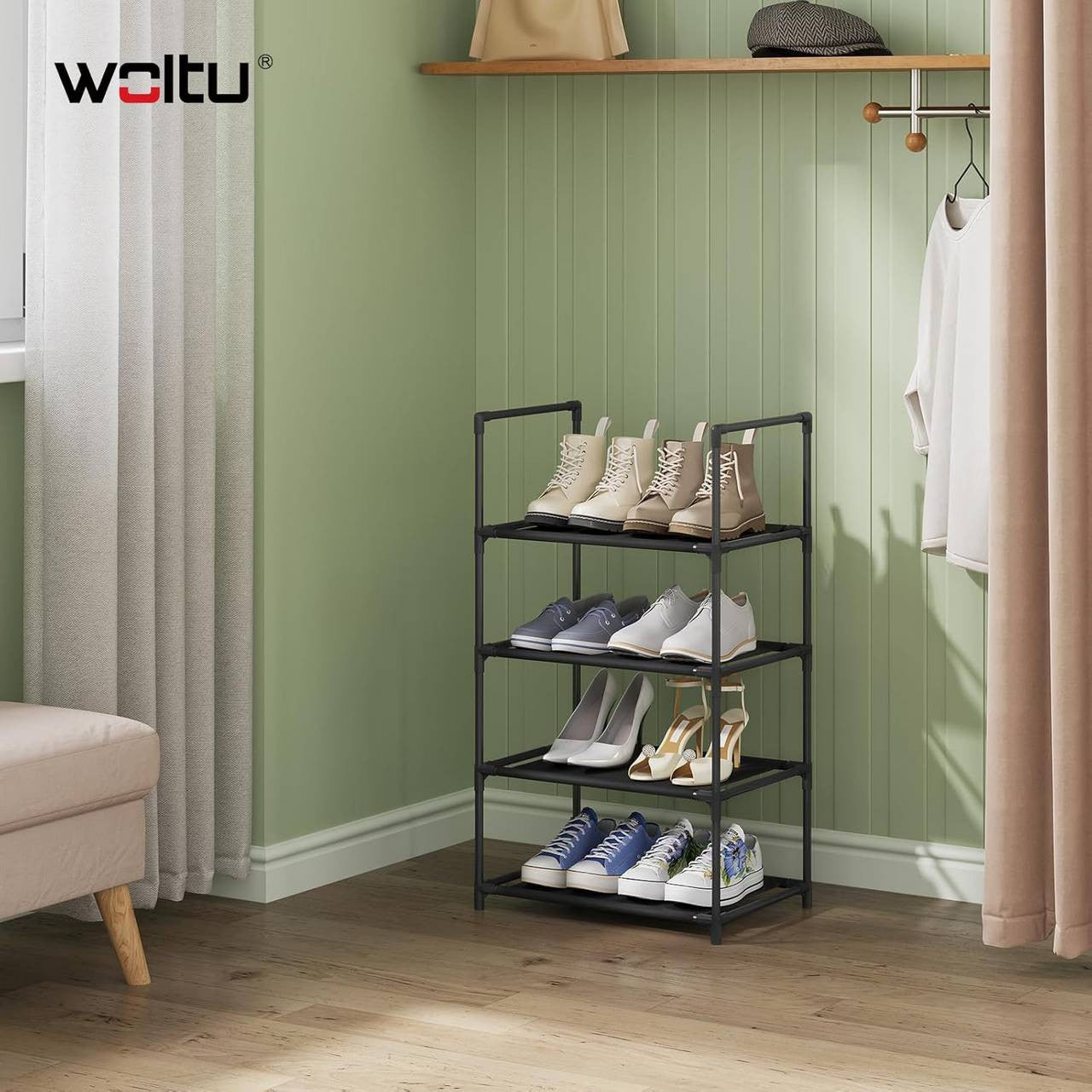 24goodz Shoe Rack with 4 Shelves - Space-Saving Design - Robust Metal Frame - Black - 41x28x72 cm