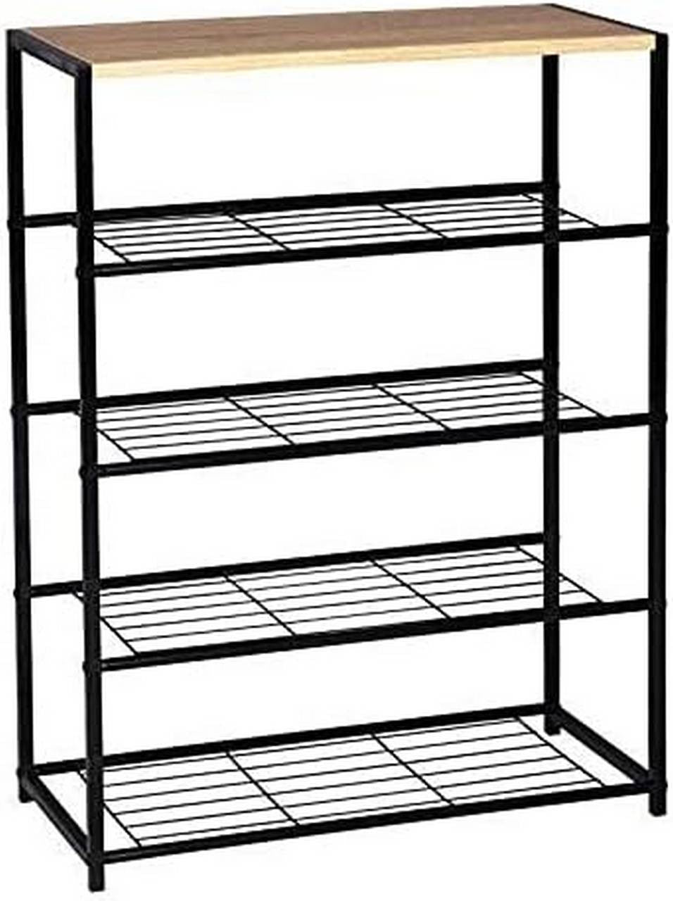 24goodz Shoe Rack with 4 Shelves - Spacious Storage for 12 Pairs - E1-Class Engineered Wood and Iron - Black and Light Oak - 63x83x30 cm