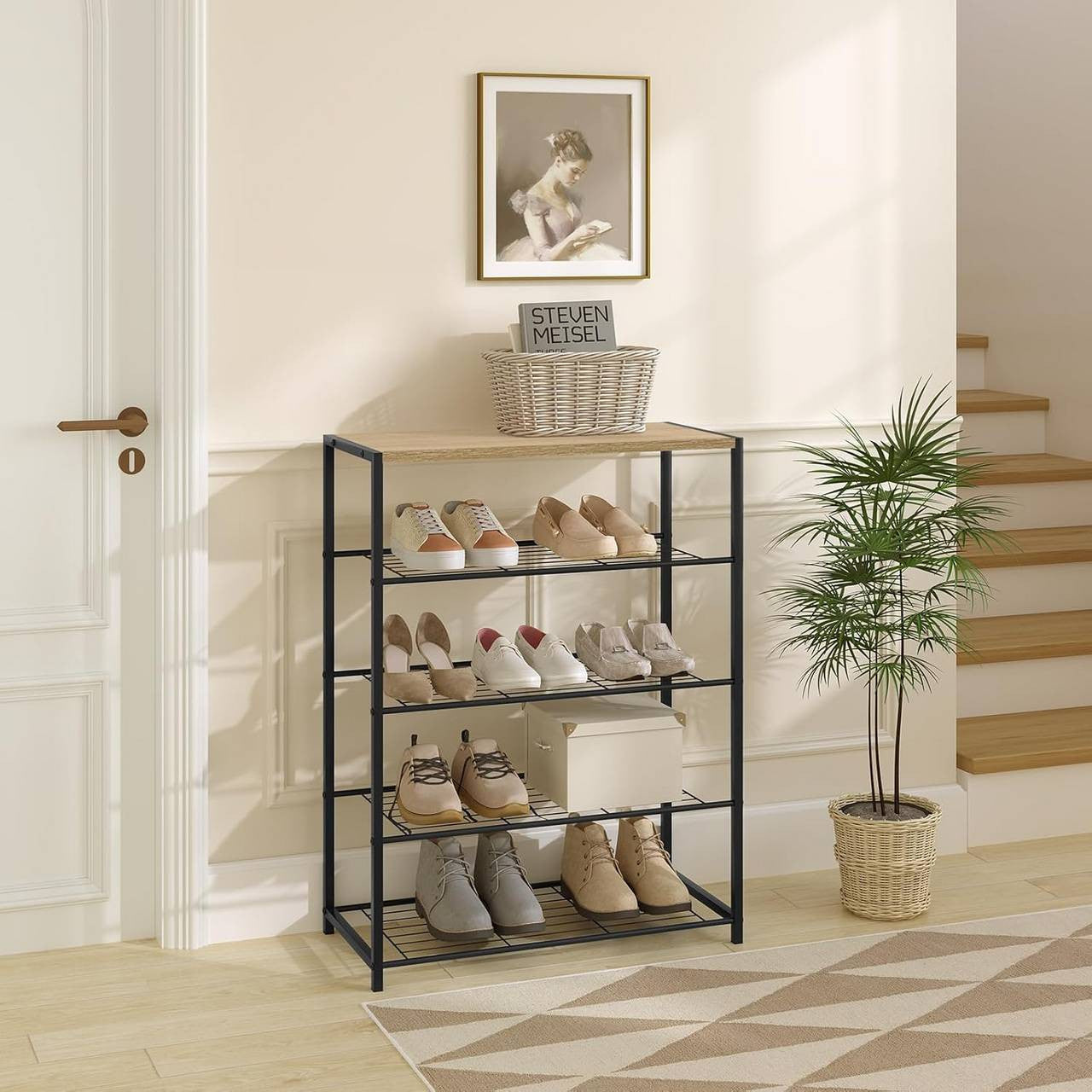 24goodz Shoe Rack with 4 Shelves - Spacious Storage for 12 Pairs - E1-Class Engineered Wood and Iron - Black and Light Oak - 63x83x30 cm