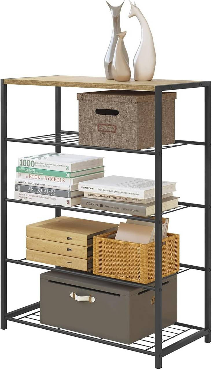 24goodz Shoe Rack with 4 Shelves - Spacious Storage for 12 Pairs - E1-Class Engineered Wood and Iron - Black and Light Oak - 63x83x30 cm