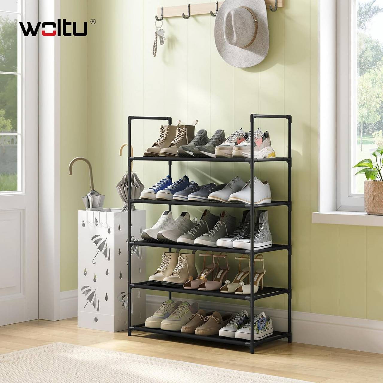 24goodz Shoe Rack with 5 Shelves - Space-Saving Design - Sturdy Metal Frame - Black - 61x28x89 cm