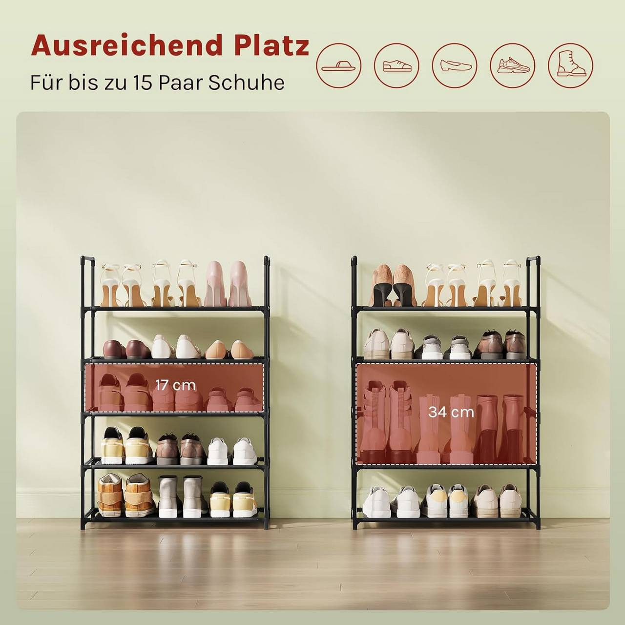 24goodz Shoe Rack with 5 Shelves - Space-Saving Design - Sturdy Metal Frame - Black - 61x28x89 cm