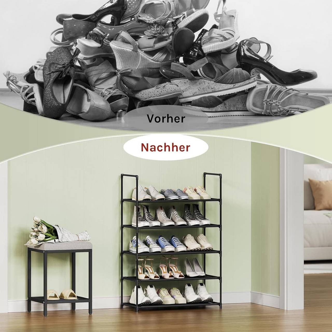 24goodz Shoe Rack with 5 Shelves - Space-Saving Design - Sturdy Metal Frame - Black - 61x28x89 cm