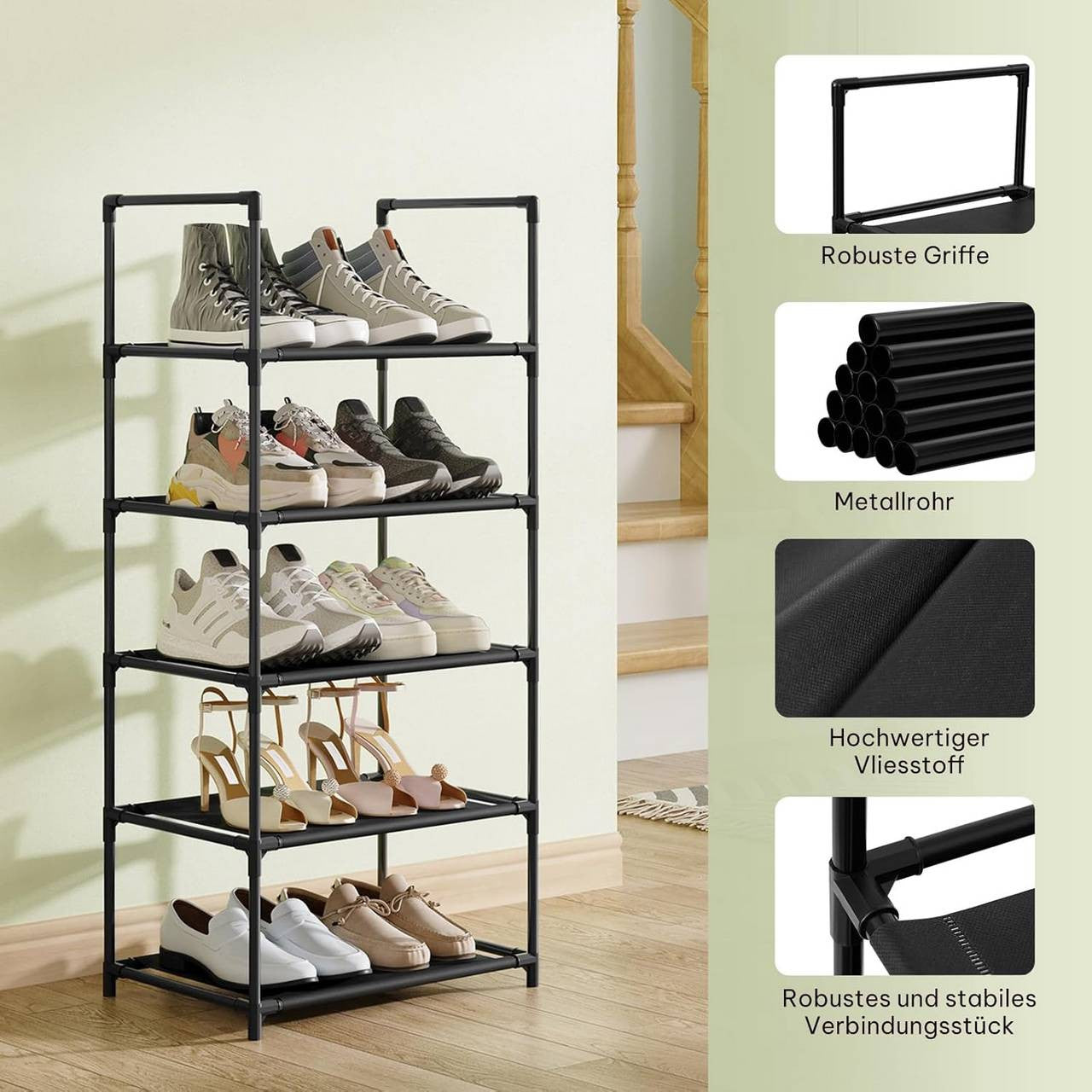 24goodz Shoe Rack with 5 Shelves - Space-Saving Design - Sturdy Metal Frame - Black - 41x28x89 cm