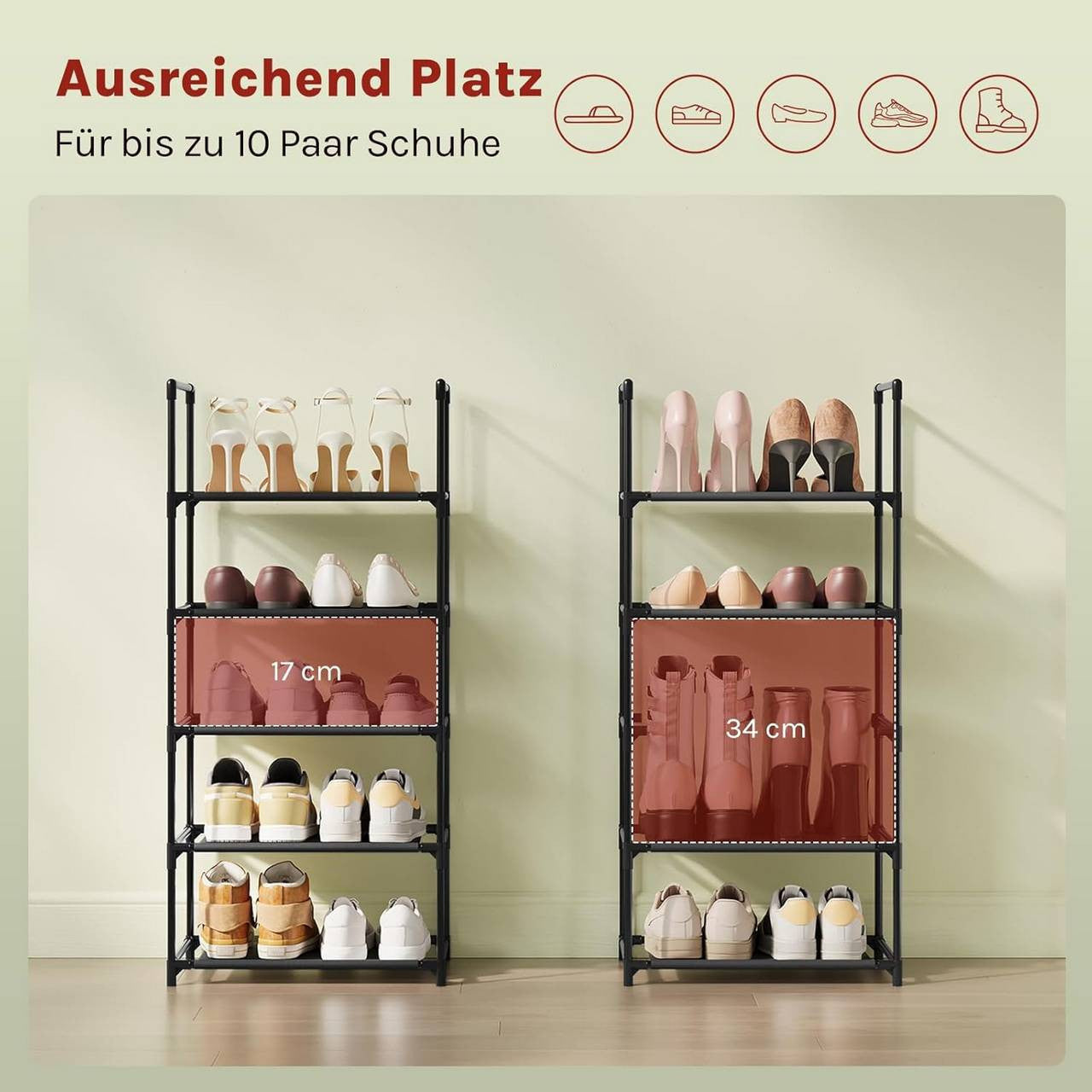 24goodz Shoe Rack with 5 Shelves - Space-Saving Design - Sturdy Metal Frame - Black - 41x28x89 cm
