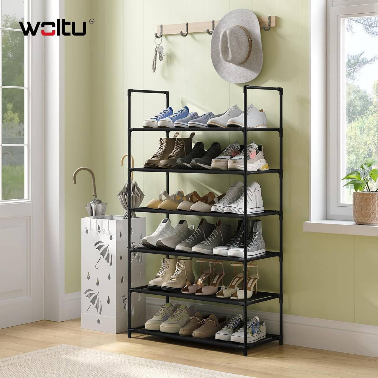 24goodz Shoe Rack with 6 Shelves - Space-Saving Design - Sturdy Metal Frame - Black - 61x28x106 cm