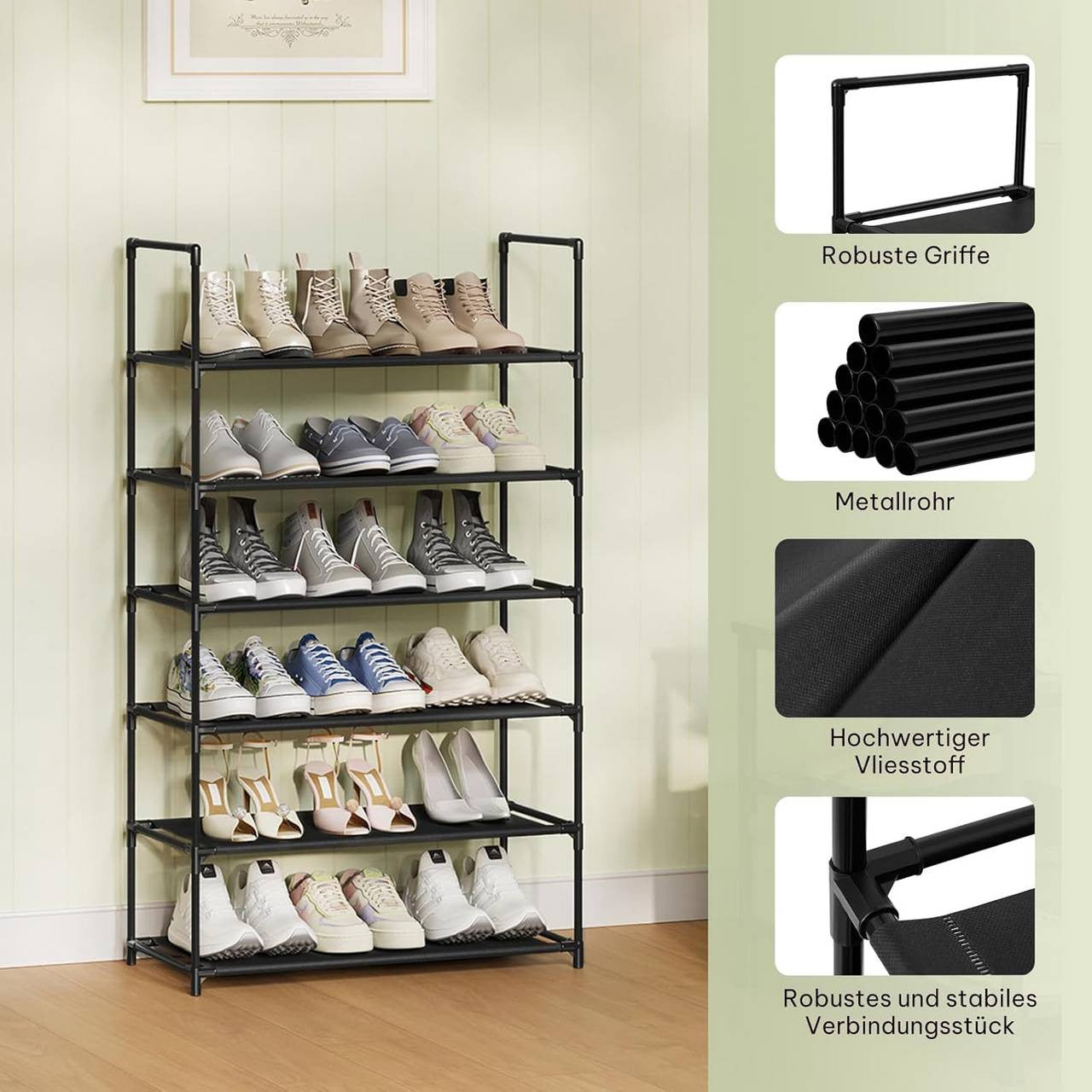 24goodz Shoe Rack with 6 Shelves - Space-Saving Design - Sturdy Metal Frame - Black - 61x28x106 cm