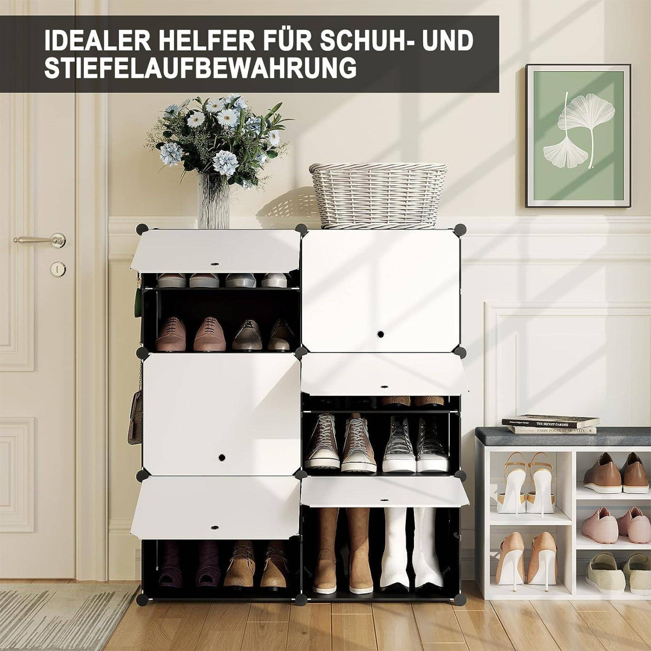 24goodz Shoe Rack with 6 Compartments - Spacious Storage for 24 Pairs - PP and Metal - Versatile Use - Black + White