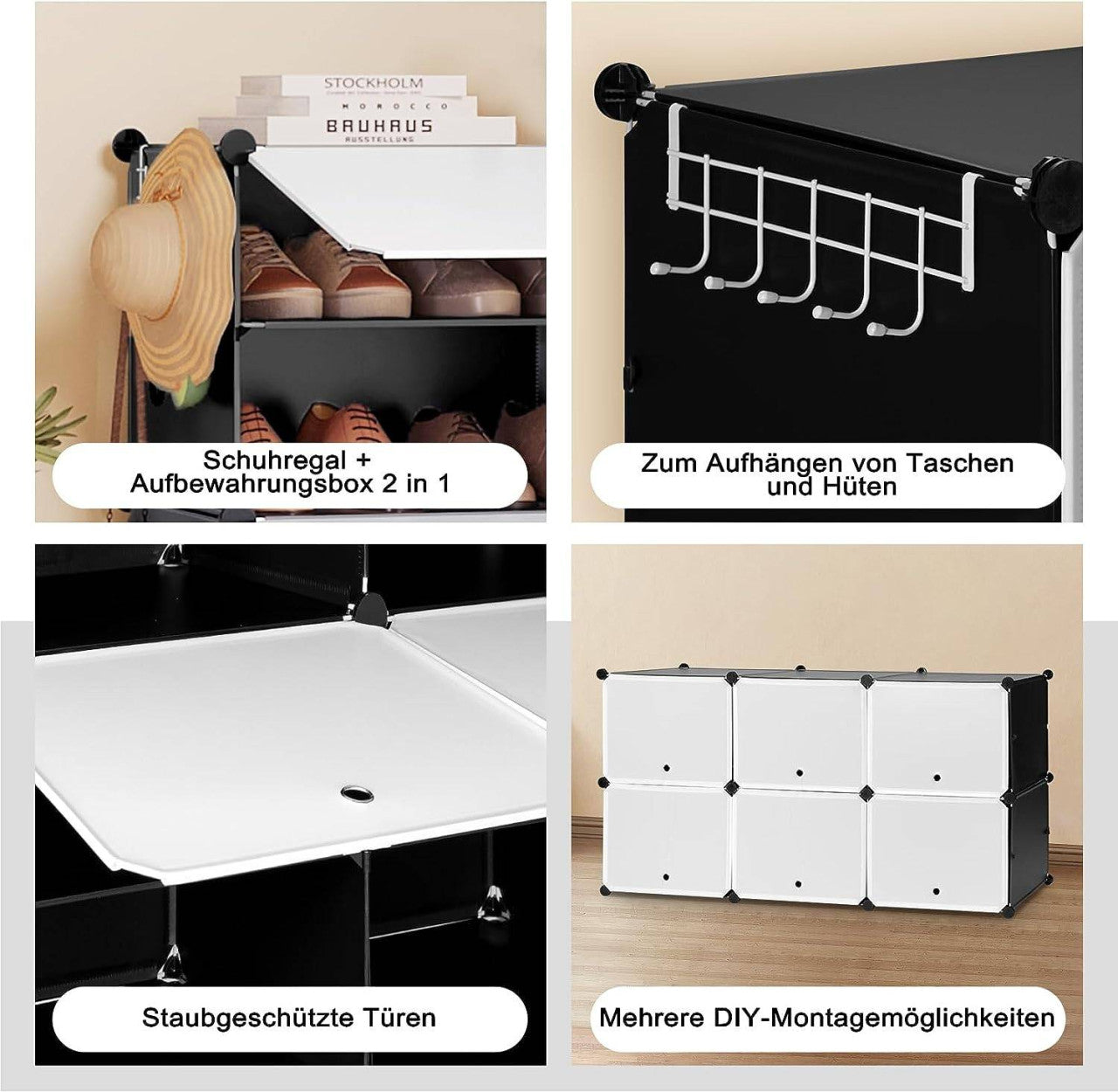 24goodz Shoe Rack with 6 Compartments - Spacious Storage for 24 Pairs - PP and Metal - Versatile Use - Black + White