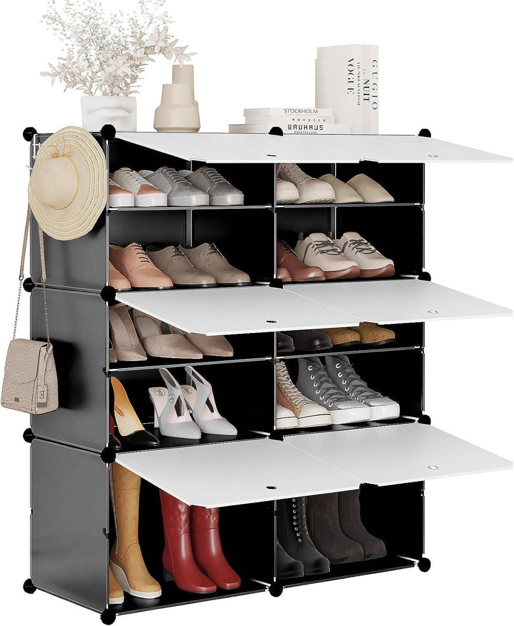 24goodz Shoe Rack with 6 Compartments - Spacious Storage for 24 Pairs - PP and Metal - Versatile Use - Black + White