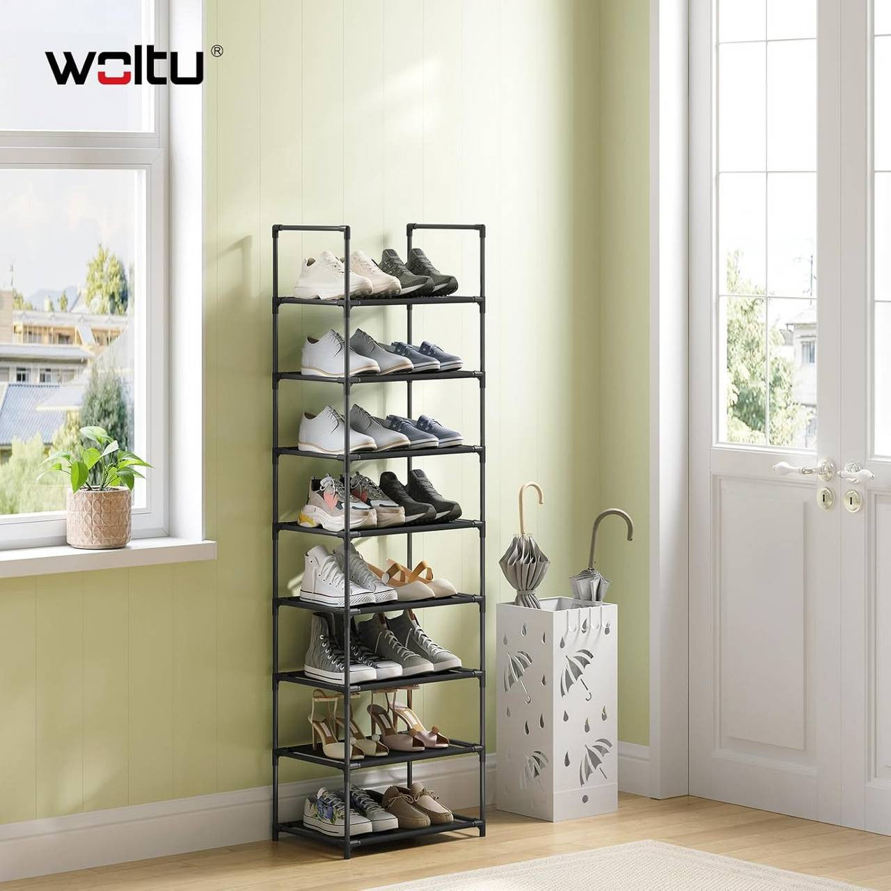 24goodz Shoe Rack with 8 Shelves - Space-Saving Design - Sturdy Metal Frame - Black - 41x28x140 cm