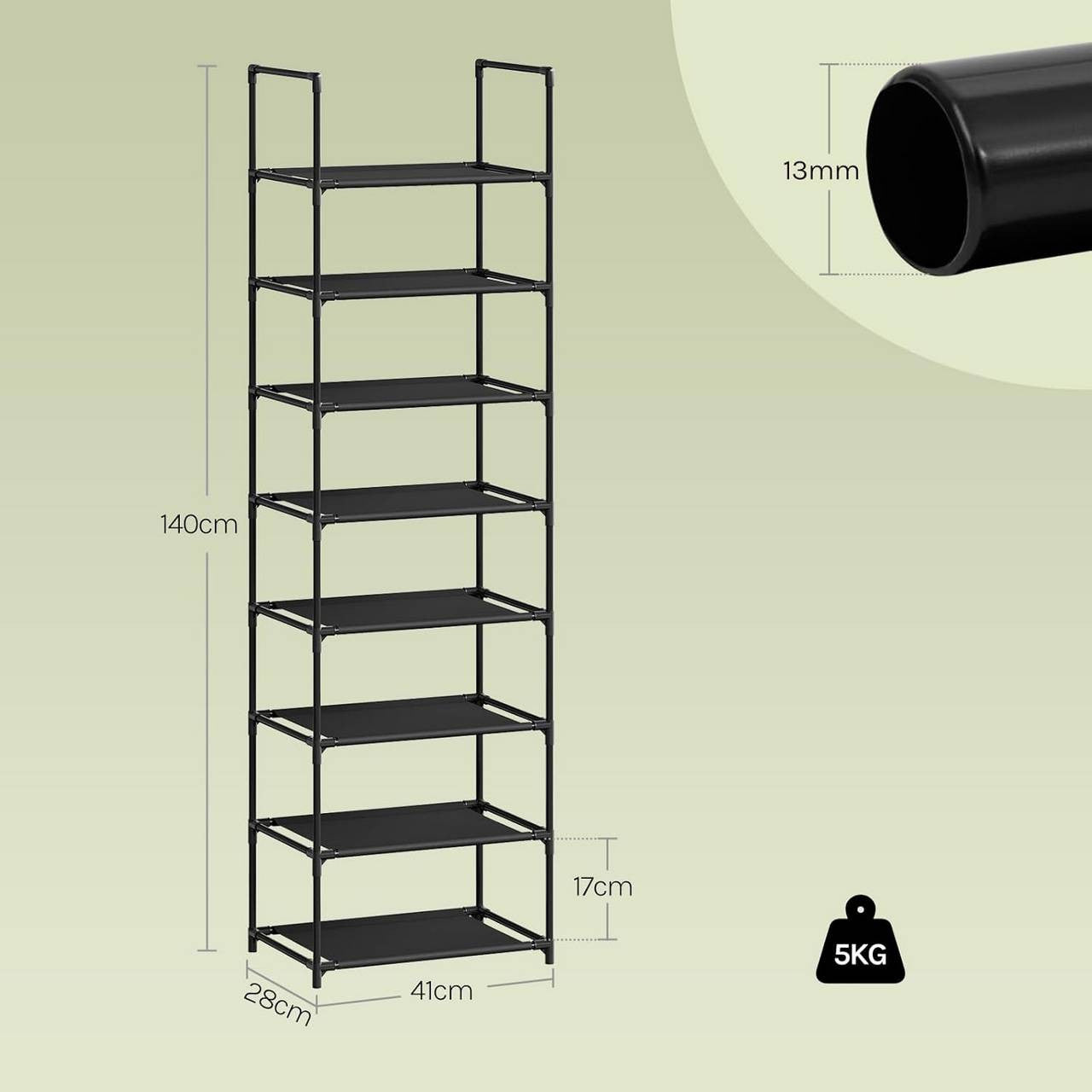 24goodz Shoe Rack with 8 Shelves - Space-Saving Design - Sturdy Metal Frame - Black - 41x28x140 cm