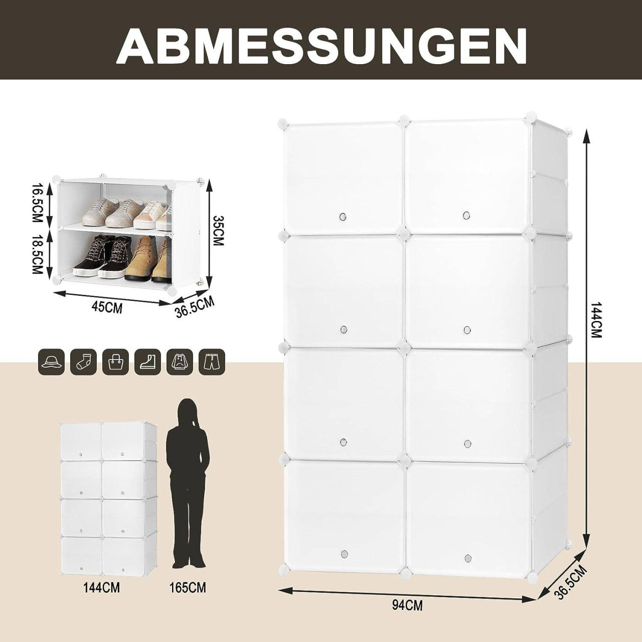 24goodz Shoe Rack with 8 Compartments - Versatile Storage Solution - PP and Metal - White