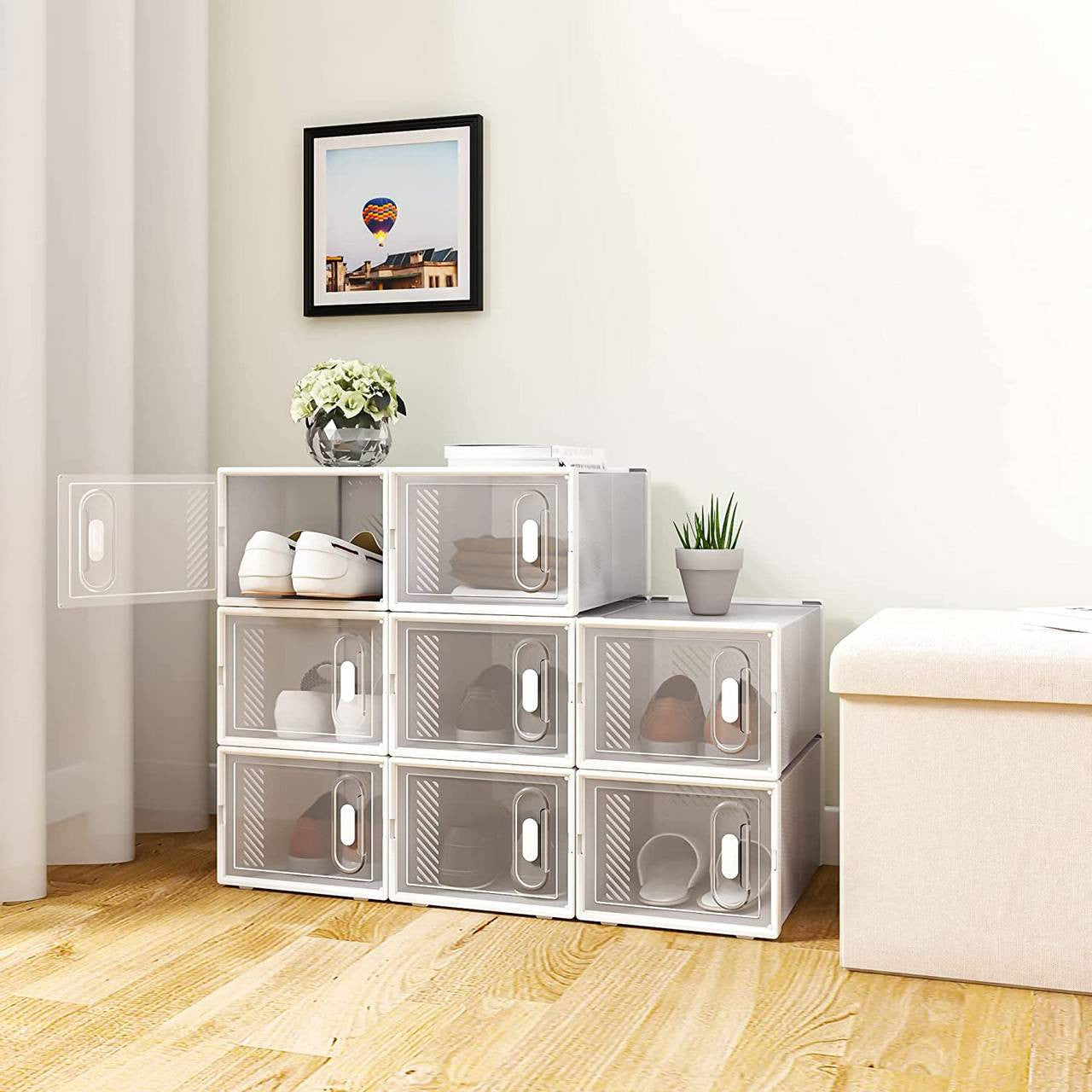 24goodz Stackable Shoe Boxes - Create a Neat Space - Durable Plastic - For Organizing Shoes and More - Transparent + White - tp