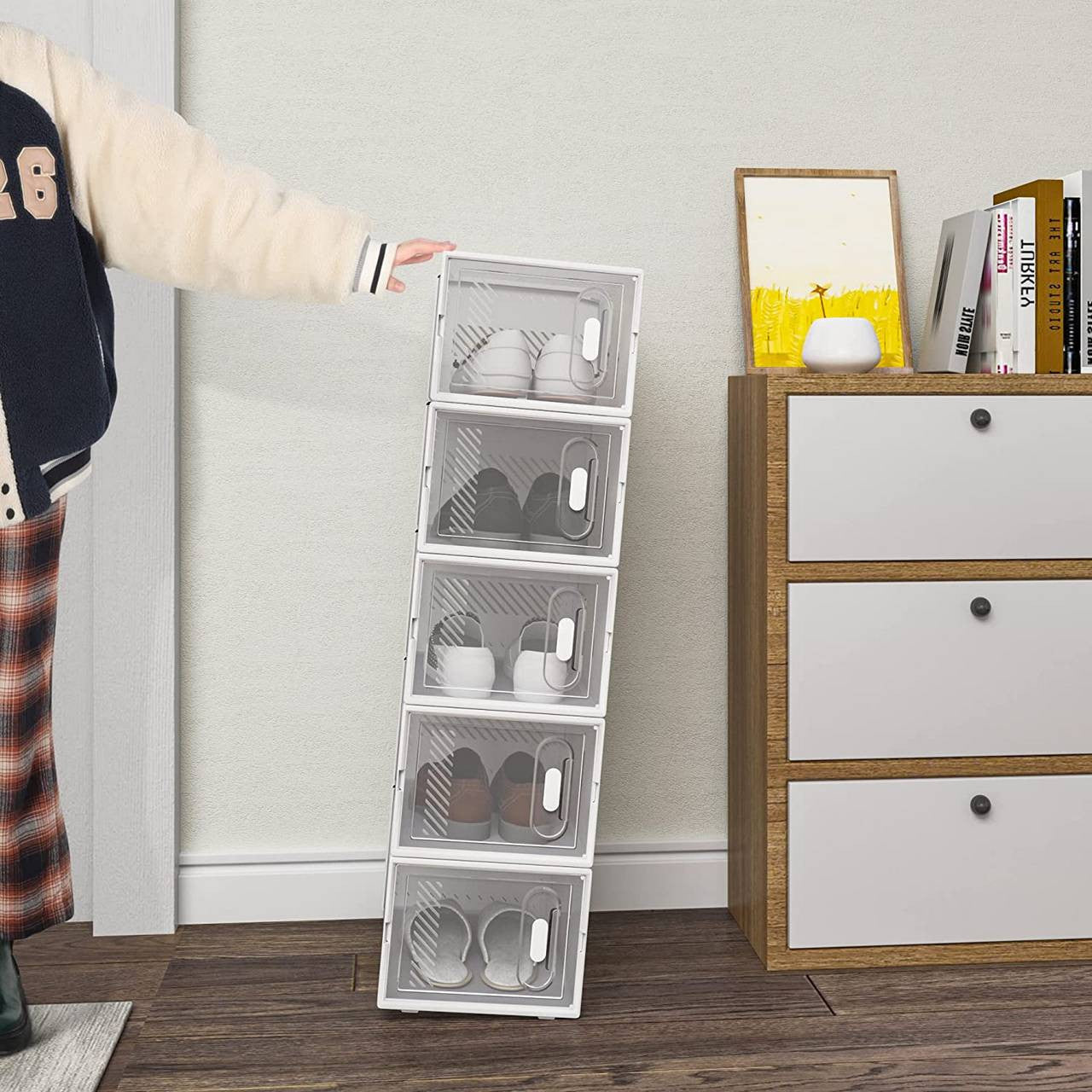 24goodz Stackable Shoe Boxes - Create a Neat Space - Durable Plastic - For Organizing Shoes and More - Transparent + White - tp