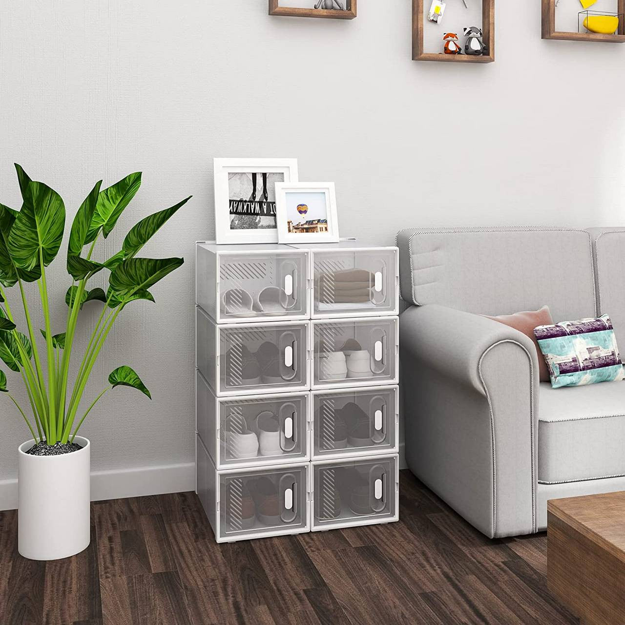 24goodz Stackable Shoe Boxes - Create a Neat Space - Durable Plastic - For Organizing Shoes and More - Transparent + White - tp