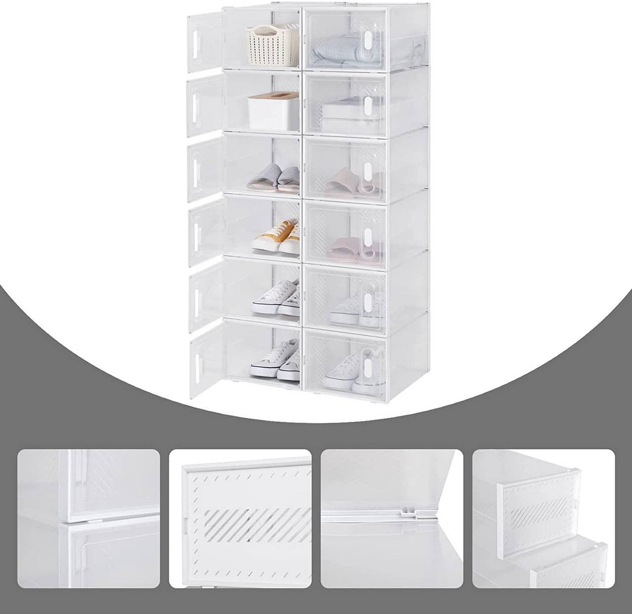 24goodz 12-Pack Transparent Shoe Boxes - Space-Saving Design - Durable Plastic - For Shoe Organization - Transparent + White - tp