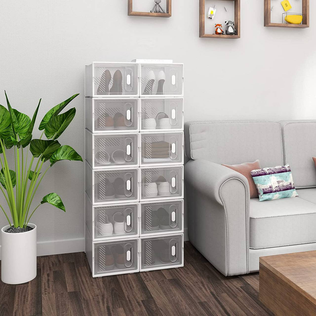 24goodz 12-Pack Transparent Shoe Boxes - Space-Saving Design - Durable Plastic - For Shoe Organization - Transparent + White - tp