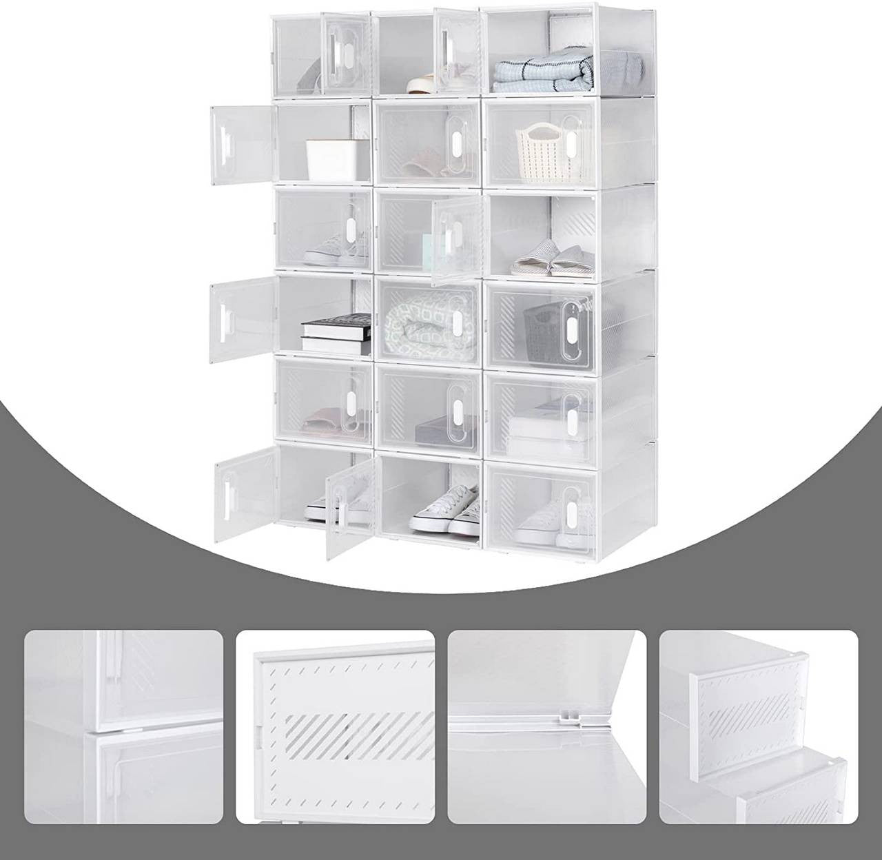 24goodz 18-Piece Shoe Storage Box Set - Space-Saving Design - Durable Plastic - For Organizing Shoes and More - Transparent + White - tp