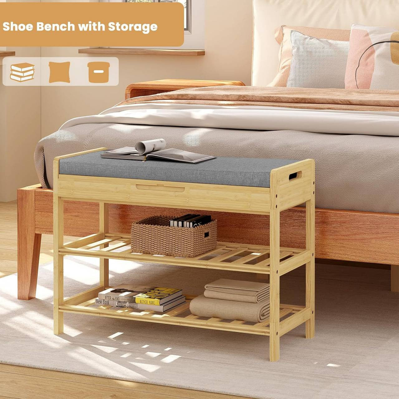 24goodz Bamboo Shoe Bench - Space-Saving Design - High-Quality Materials - Bamboo + Foam - For Entryways and Living Rooms - Bamboo Colour + Grey