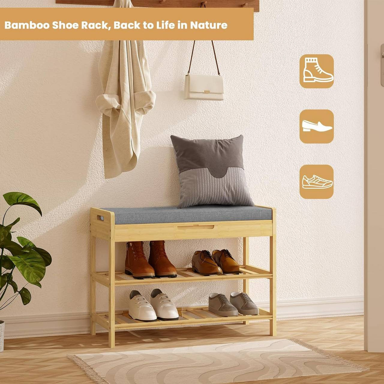 24goodz Bamboo Shoe Bench - Space-Saving Design - High-Quality Materials - Bamboo + Foam - For Entryways and Living Rooms - Bamboo Colour + Grey