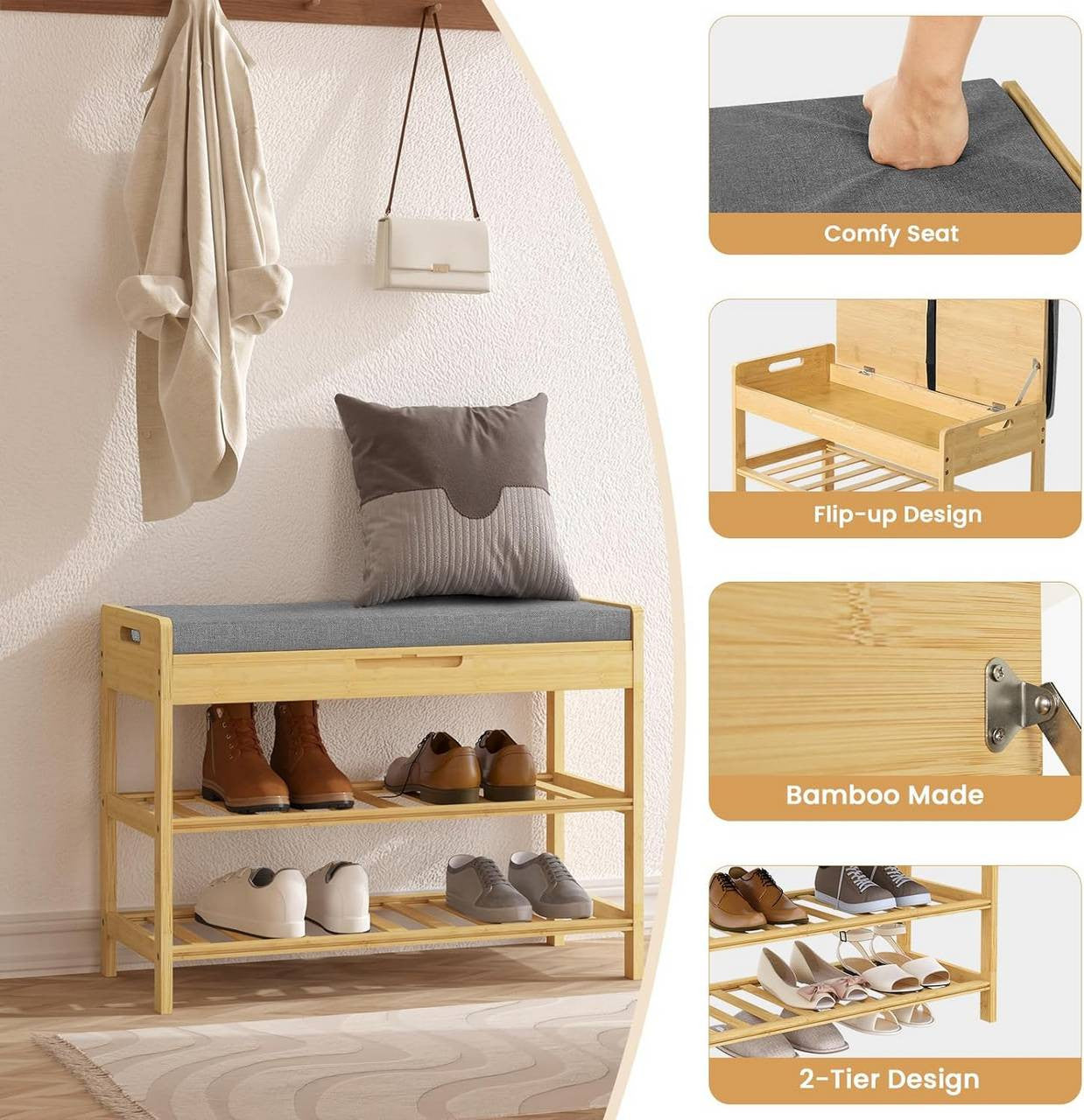 24goodz Bamboo Shoe Bench - Space-Saving Design - High-Quality Materials - Bamboo + Foam - For Entryways and Living Rooms - Bamboo Colour + Grey