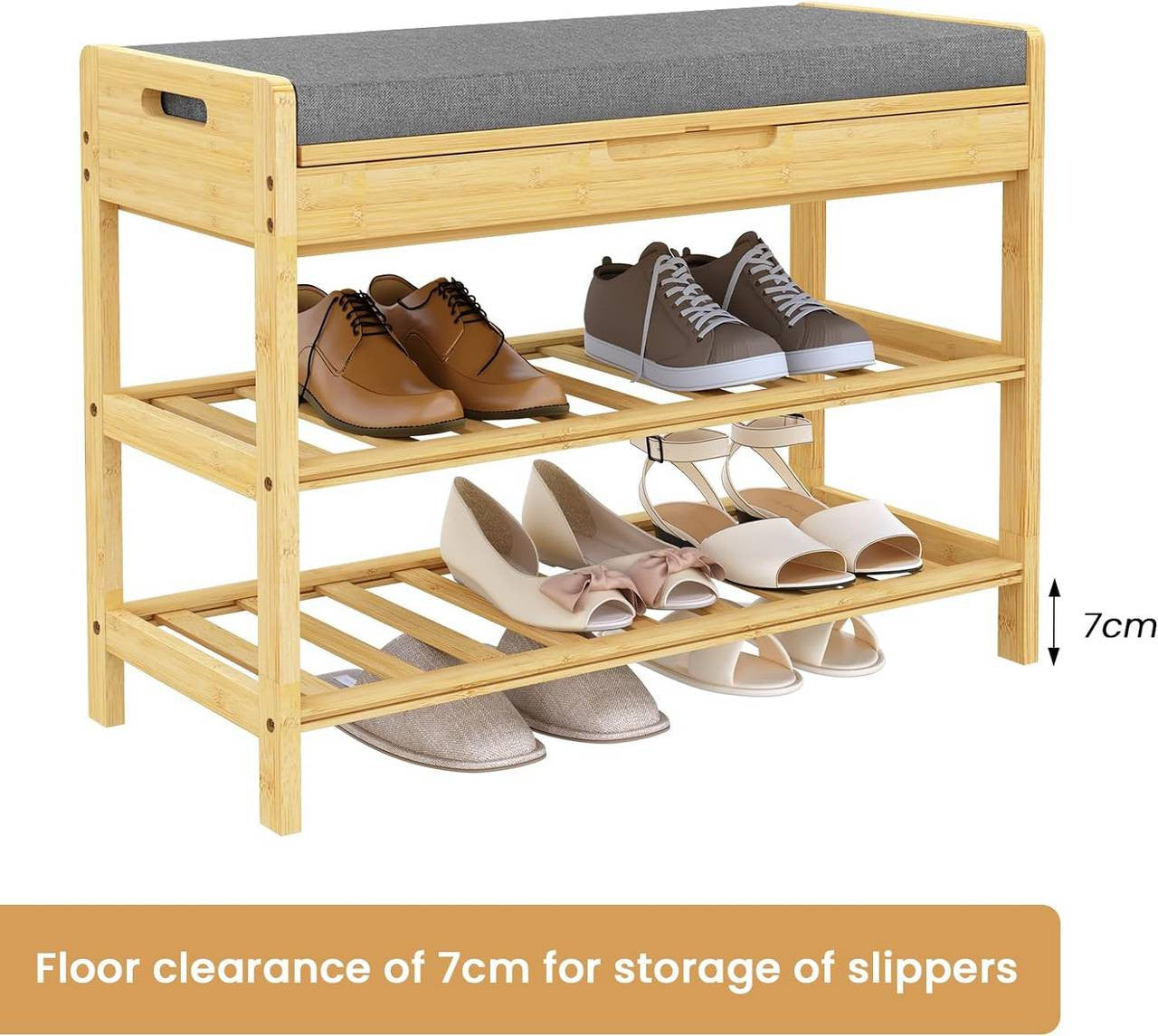 24goodz Bamboo Shoe Bench - Space-Saving Design - High-Quality Materials - Bamboo + Foam - For Entryways and Living Rooms - Bamboo Colour + Grey