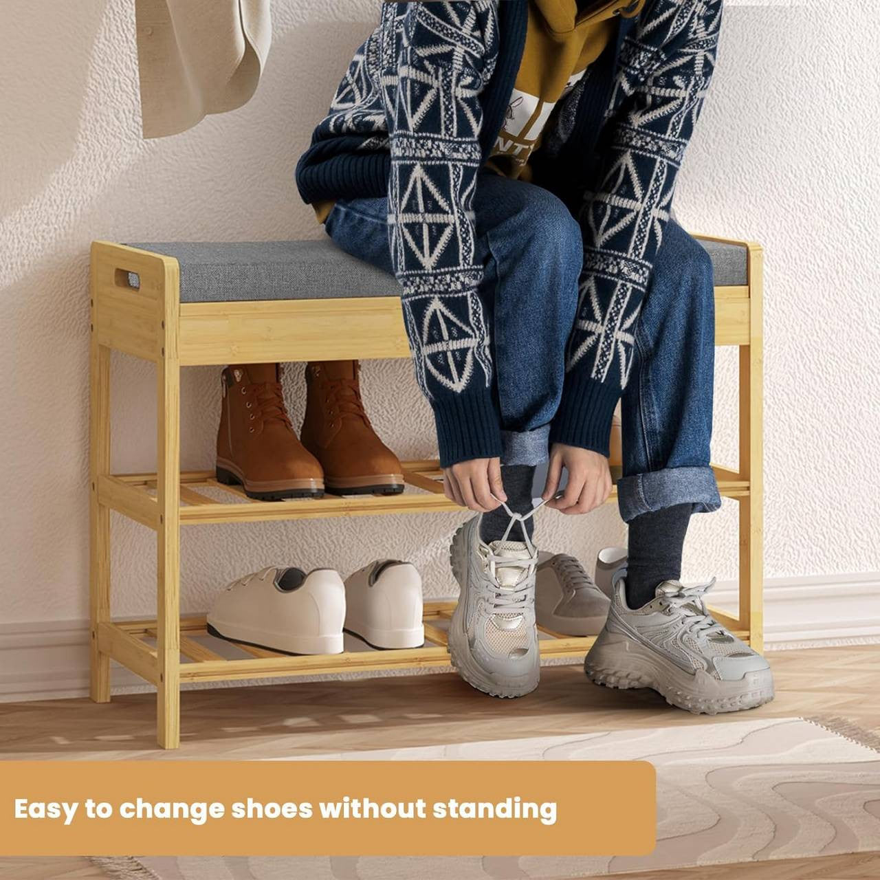 24goodz Bamboo Shoe Bench - Space-Saving Design - High-Quality Materials - Bamboo + Foam - For Entryways and Living Rooms - Bamboo Colour + Grey