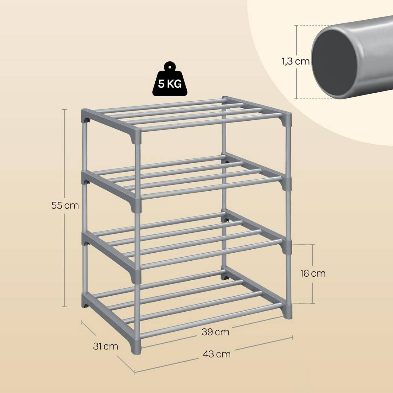 24goodz Slim Shoe Rack - Space-Saving Design - Sturdy and Stable - Metal - For 8 Pairs of Shoes - Grey/Black - 42x54x30 cm