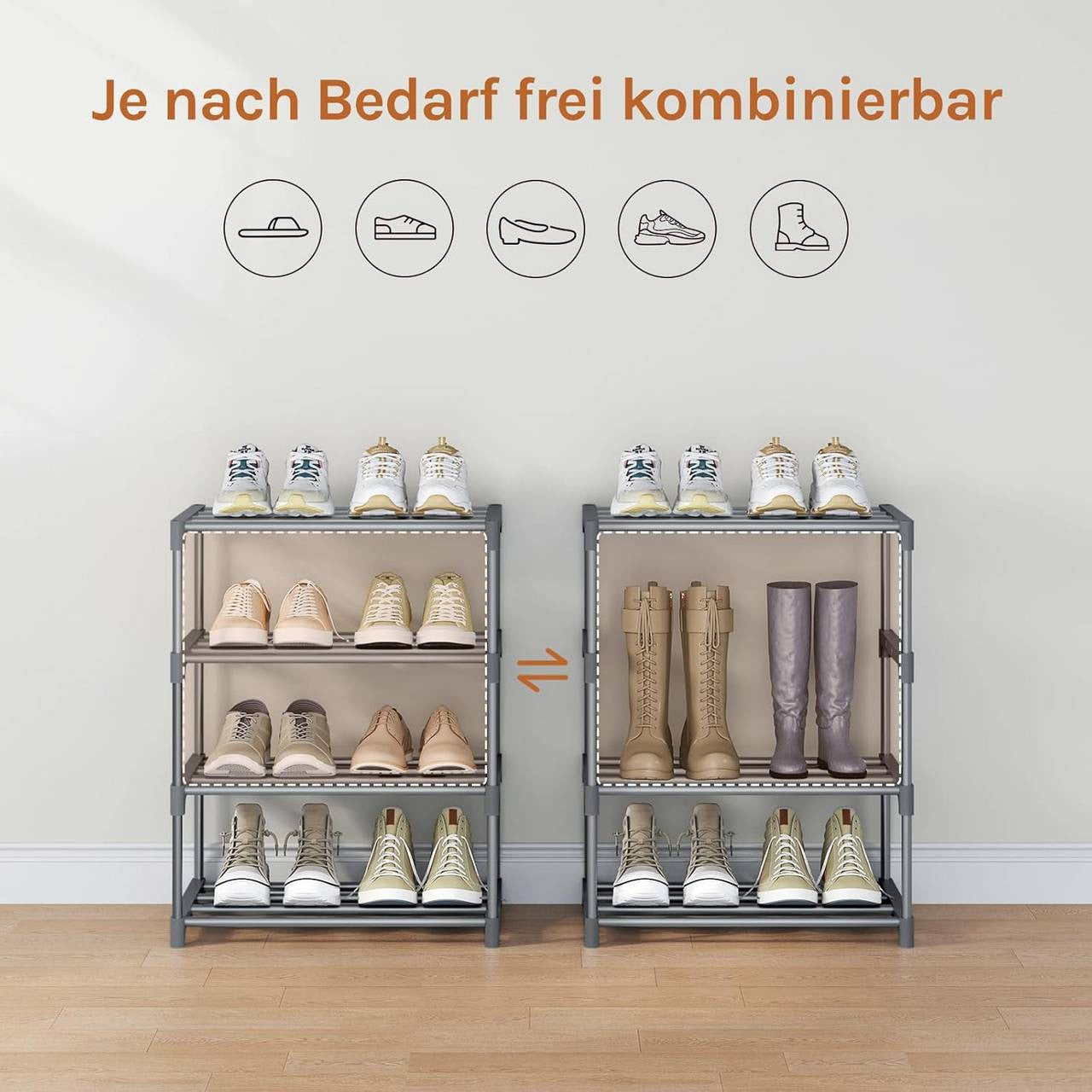 24goodz Slim Shoe Rack - Space-Saving Design - Sturdy and Stable - Metal - For 8 Pairs of Shoes - Grey/Black - 42x54x30 cm