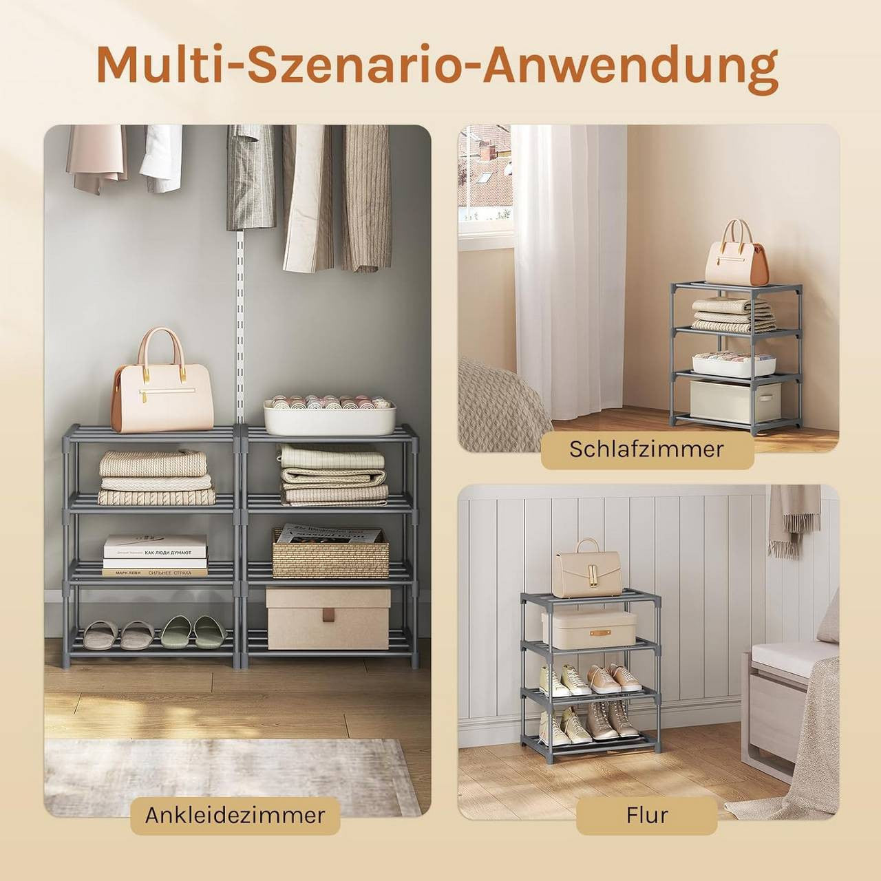 24goodz Slim Shoe Rack - Space-Saving Design - Sturdy and Stable - Metal - For 8 Pairs of Shoes - Grey/Black - 42x54x30 cm