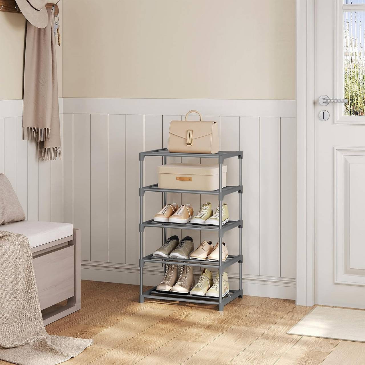 24goodz Slim Shoe Rack - Space-Saving Design - Sturdy and Stable - Metal - For Home Organization - Grey/Black