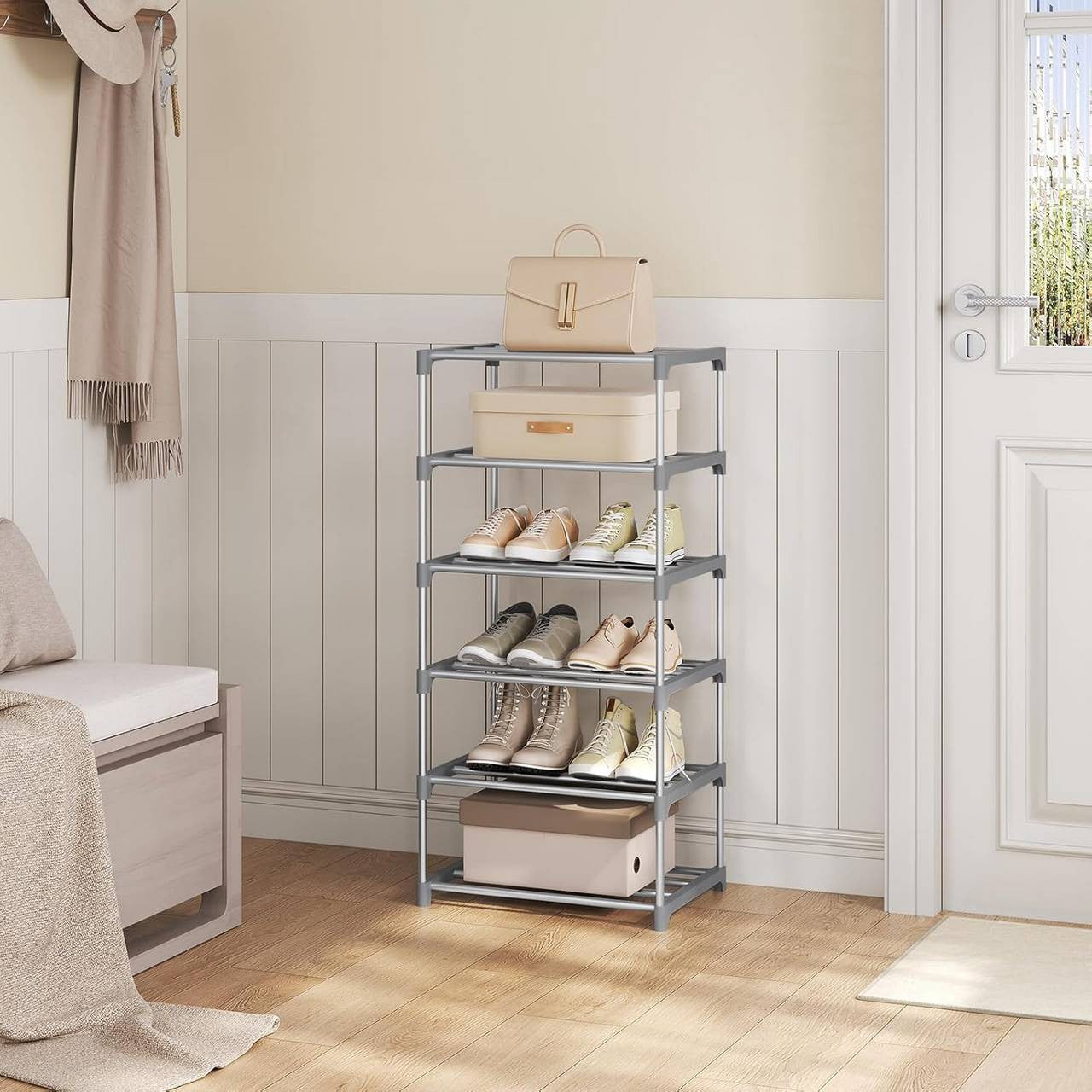 24goodz Slim Shoe Rack - Space-Saving Design - Easy Assembly - Metal - Grey/Black - 42x88x30 cm