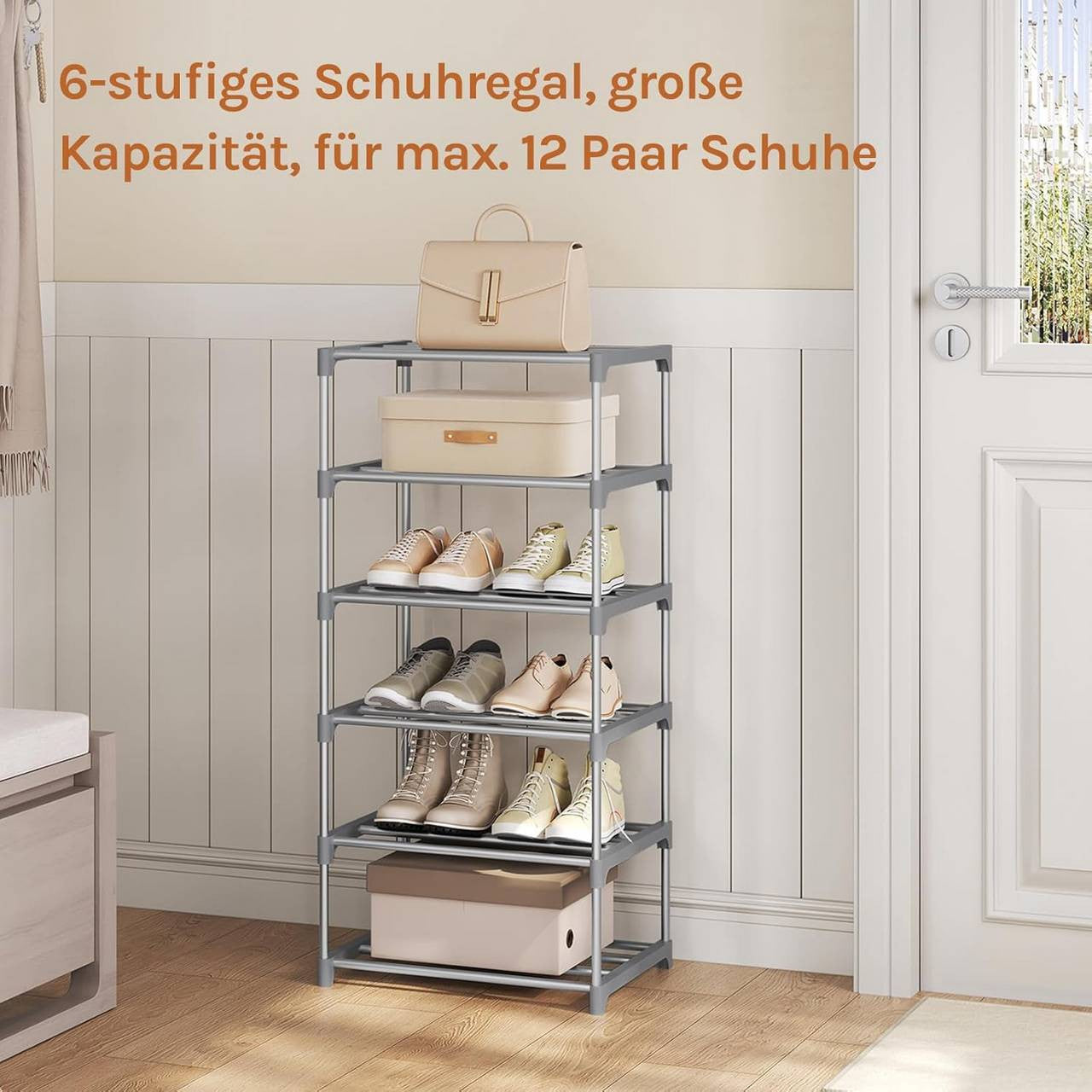 24goodz Slim Shoe Rack - Space-Saving Design - Easy Assembly - Metal - Grey/Black - 42x88x30 cm