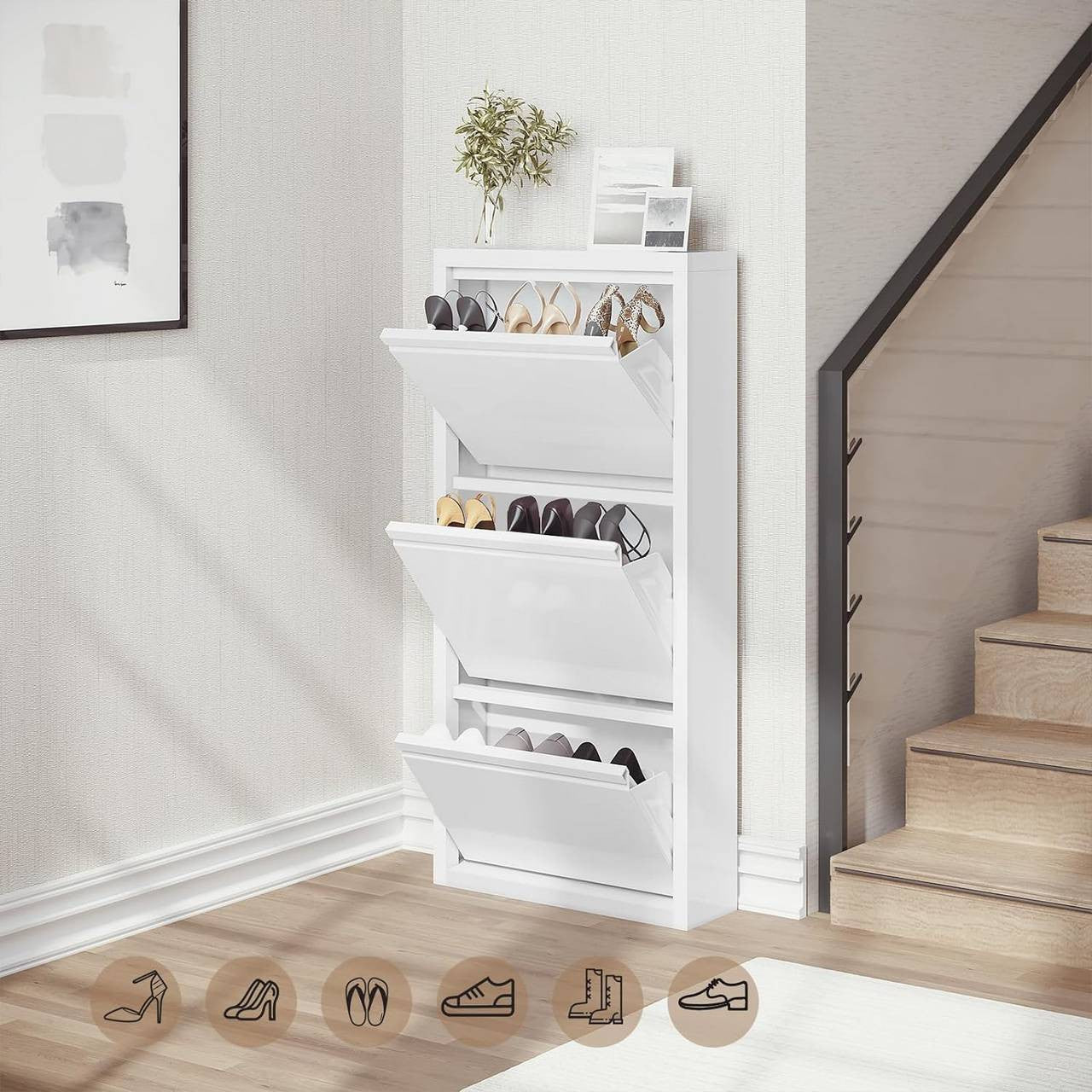 24goodz Shoe Cabinet with 3 Compartments - Compact Design - Durable Metal - White - 50 x 106 x 15 cm