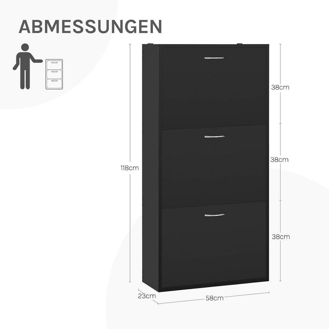 24goodz Shoe Cabinet with 3 Folding Drawers - Spacious Capacity for 14-18 Pairs - E1-Class Chipboard - For Home Organization - Black - 58 x 23 x 118 cm