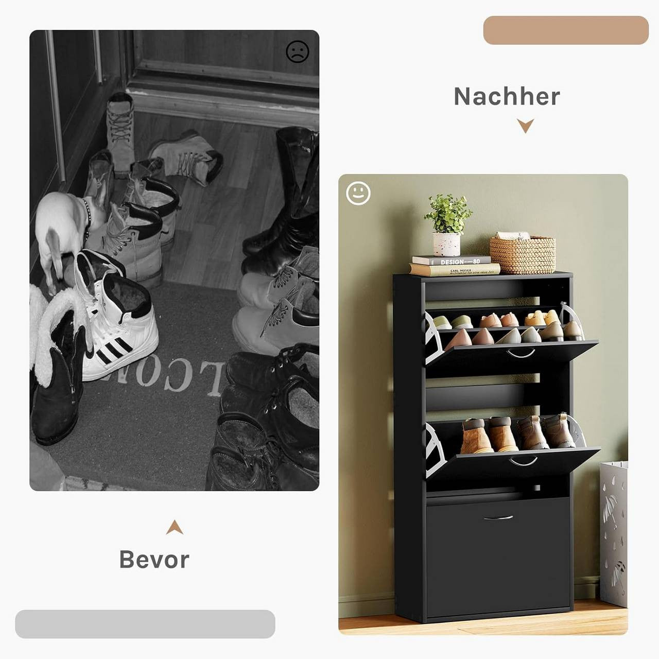 24goodz Shoe Cabinet with 3 Folding Drawers - Spacious Capacity for 14-18 Pairs - E1-Class Chipboard - For Home Organization - Black - 58 x 23 x 118 cm