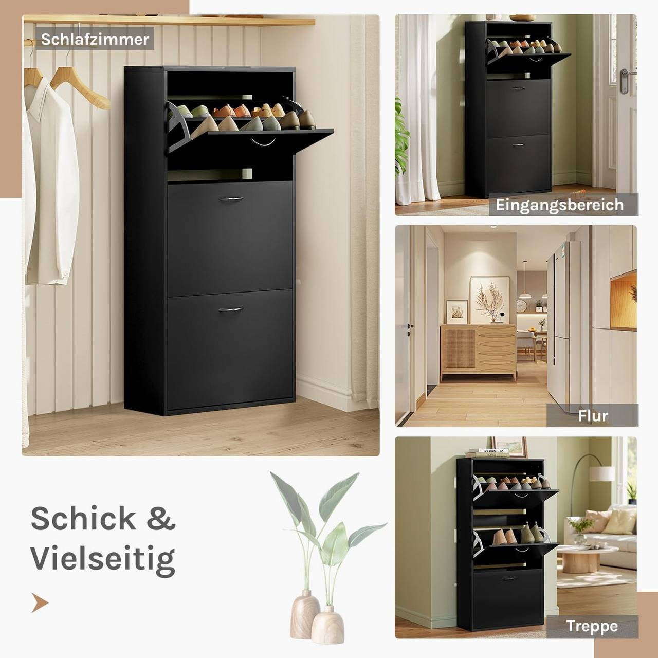 24goodz Shoe Cabinet with 3 Folding Drawers - Spacious Capacity for 14-18 Pairs - E1-Class Chipboard - For Home Organization - Black - 58 x 23 x 118 cm