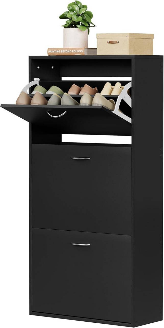 24goodz Shoe Cabinet with 3 Folding Drawers - Spacious Capacity for 14-18 Pairs - E1-Class Chipboard - For Home Organization - Black - 58 x 23 x 118 cm