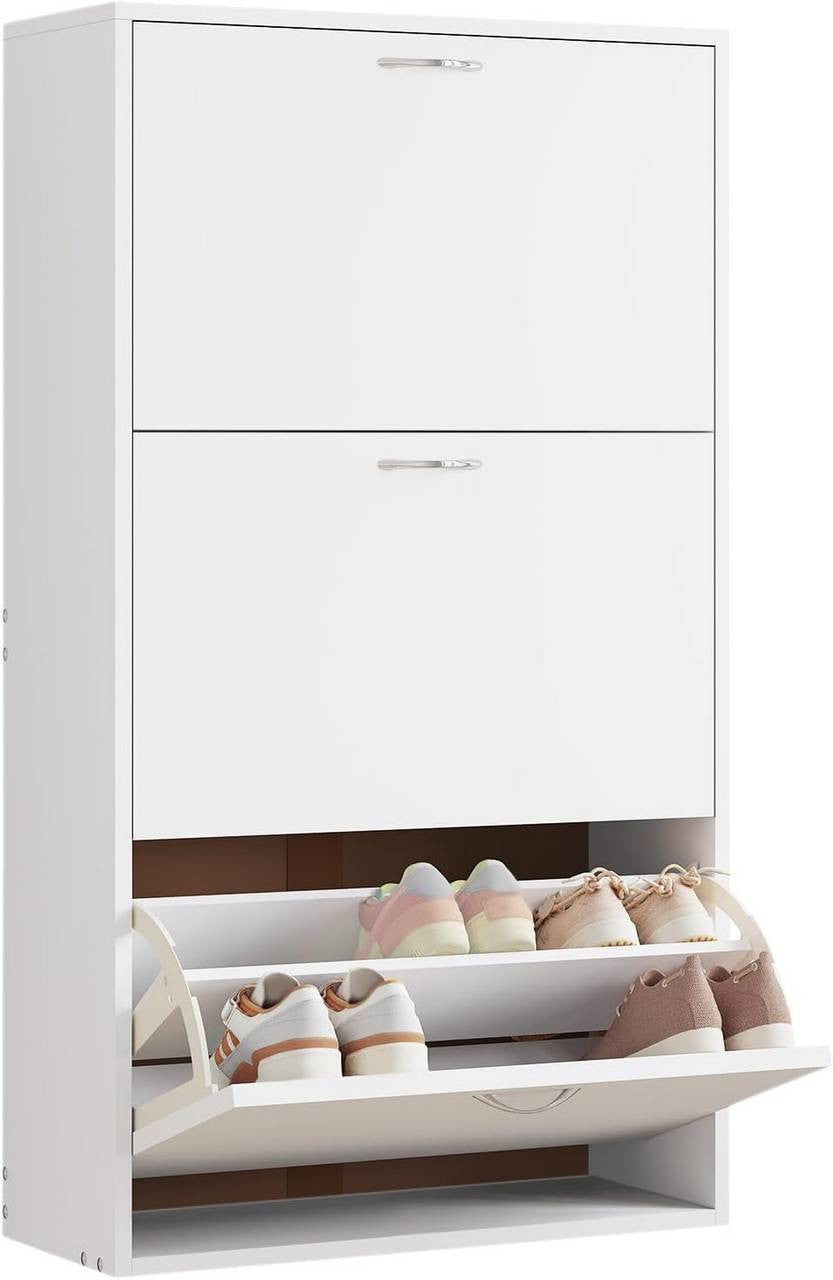 24goodz Slim High Shoe Cabinet - Space-Saving Design - Large Capacity - MDF - White - 58x104x23 cm