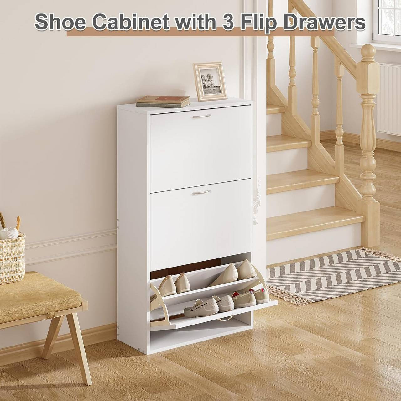 24goodz Slim High Shoe Cabinet - Space-Saving Design - Large Capacity - MDF - White - 58x104x23 cm
