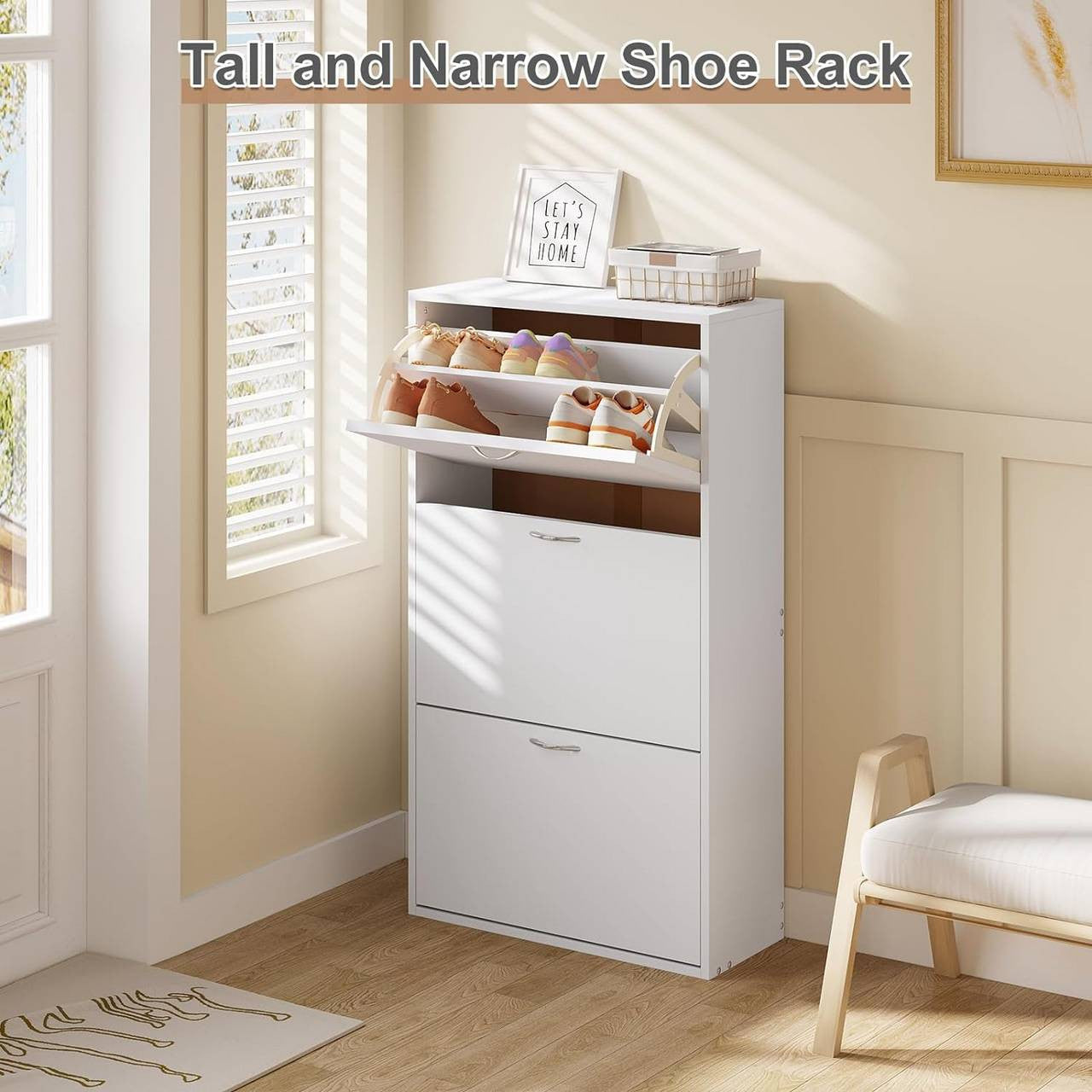 24goodz Slim High Shoe Cabinet - Space-Saving Design - Large Capacity - MDF - White - 58x104x23 cm