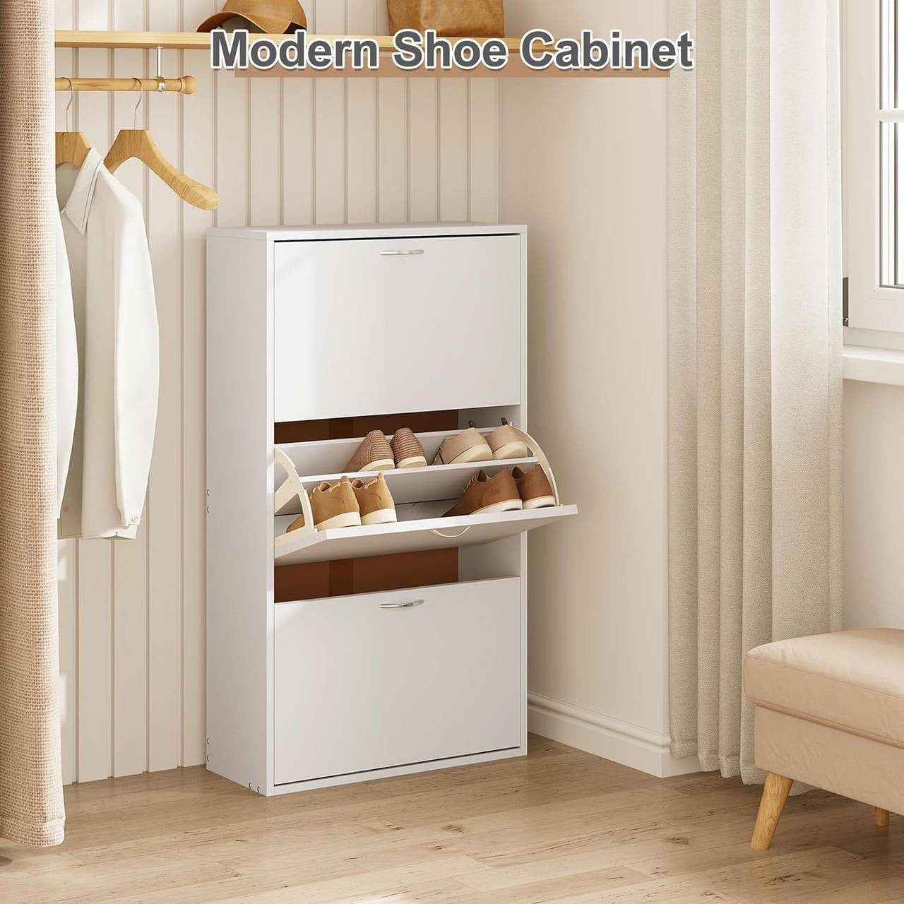 24goodz Slim High Shoe Cabinet - Space-Saving Design - Large Capacity - MDF - White - 58x104x23 cm