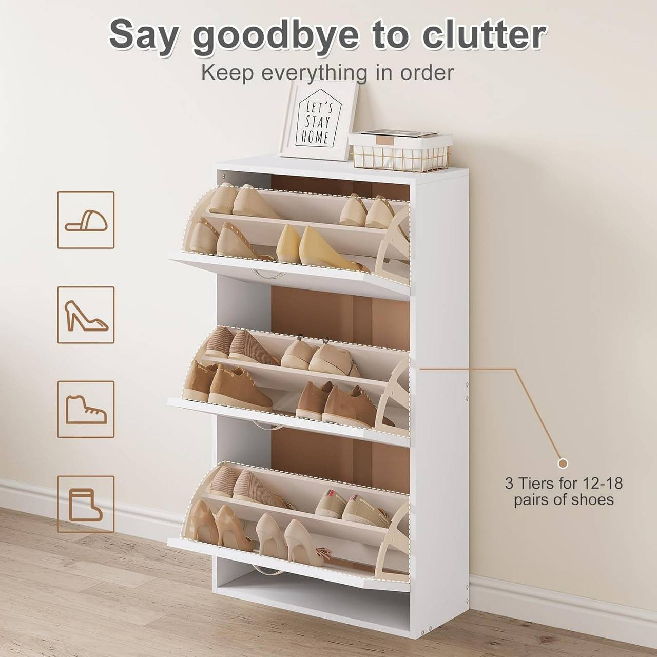 24goodz Slim High Shoe Cabinet - Space-Saving Design - Large Capacity - MDF - White - 58x104x23 cm