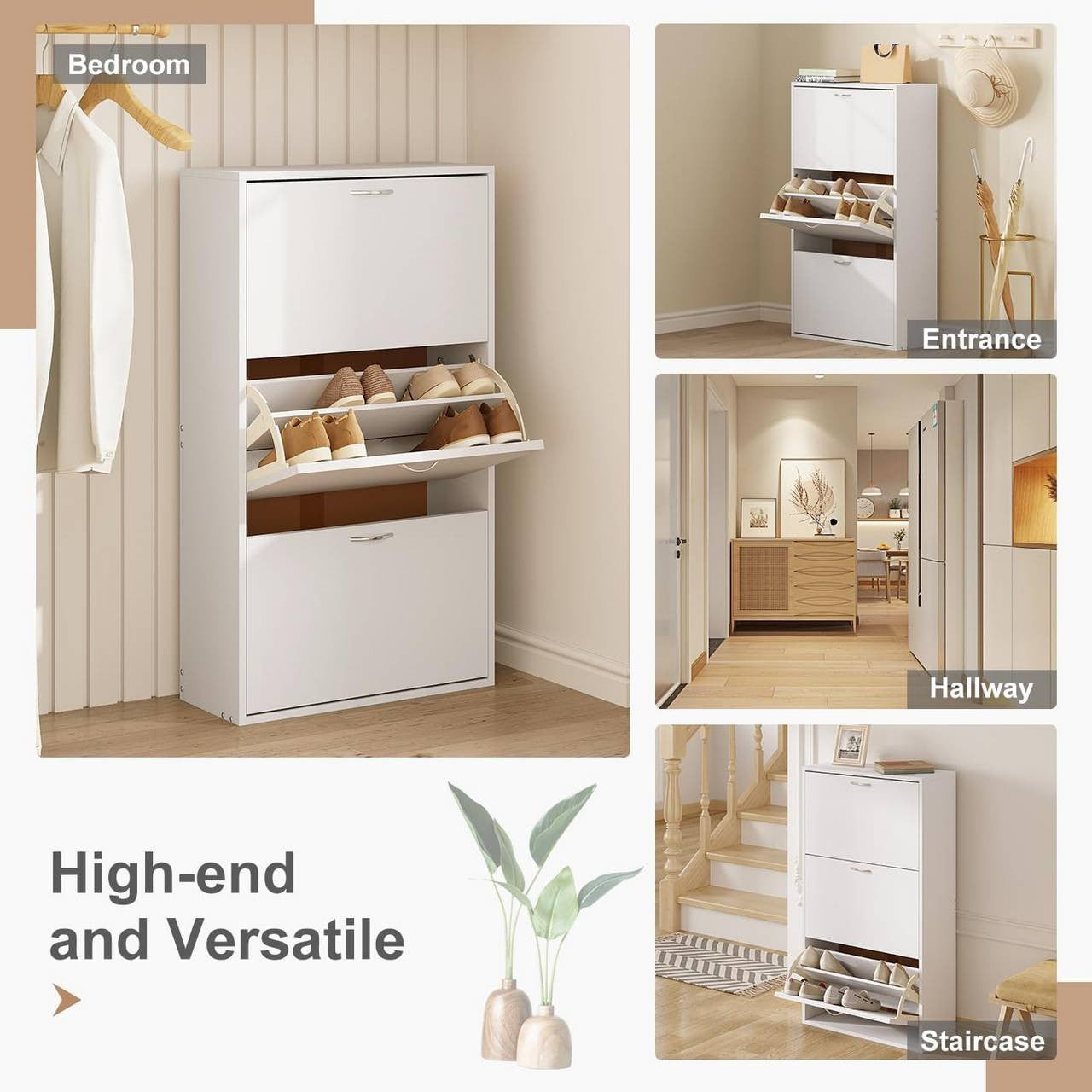 24goodz Slim High Shoe Cabinet - Space-Saving Design - Large Capacity - MDF - White - 58x104x23 cm